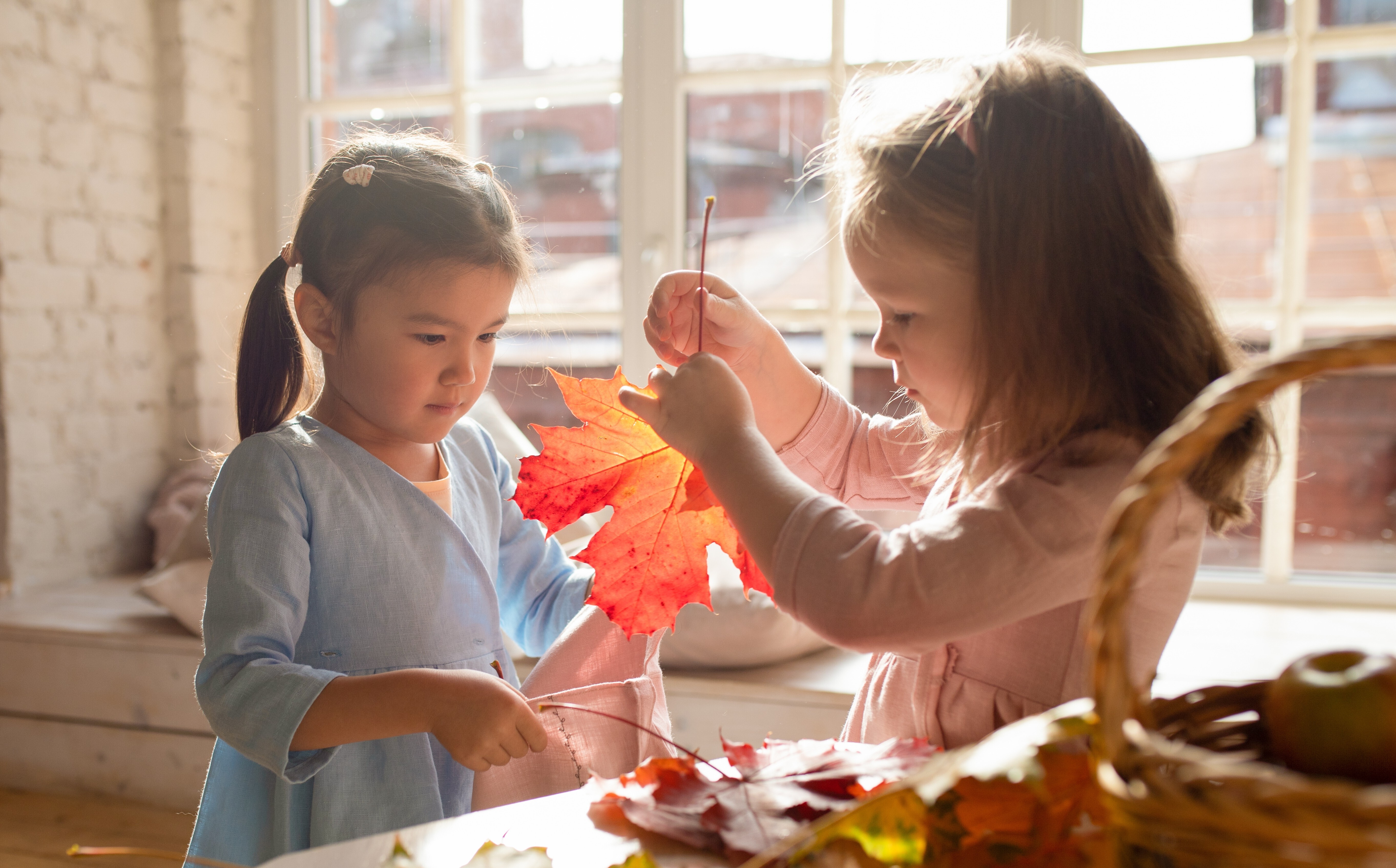 children playing with fall leaves 